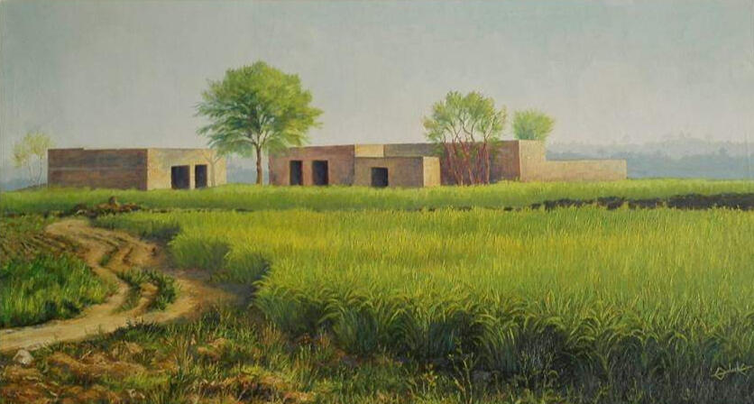 “Landscape painting of green and golden fields, a rural village, trees, and a dirt path in morning light.”