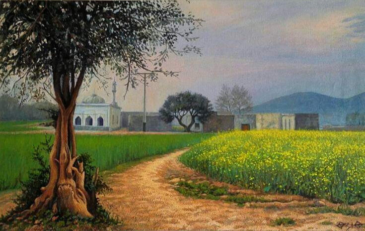Landscape painting showing a dirt path beside green and yellow mustard fields, with a large tree, mosque, and mountains in the distance.