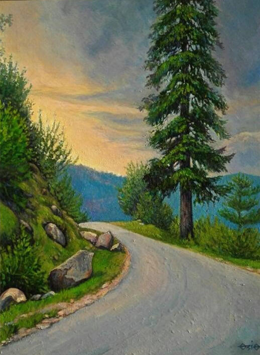 Acrylic landscape painting of a winding mountain road in Kashmir at sunset, surrounded by lush trees, rocks, and distant blue mountains.