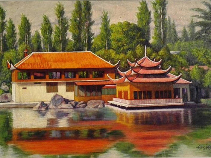 Oil painting of Shangrila Hotel beside crystal-clear water, with traditional architecture, lush trees, mountains, and reflections across the lake.