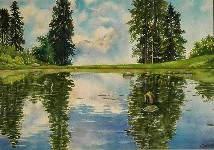Watercolor landscape inspired by Kashmir, showing a peaceful mountain lake reflecting trees and the surrounding landscape.
