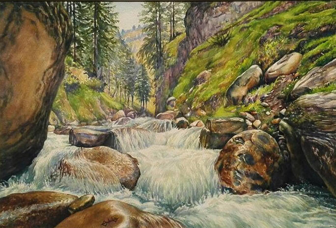 Watercolor painting of a rushing mountain stream surrounded by rocks and forest in Kashmir, Pakistan.
