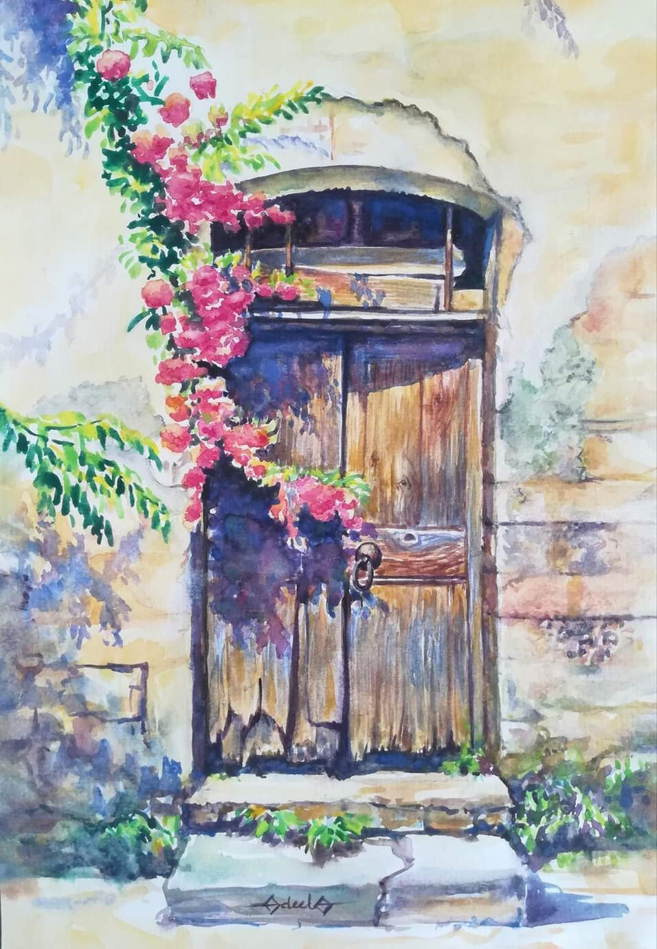 Watercolor painting of a weathered old doorway adorned with brilliant blooming flowers, symbolizing hope, renewal, and beauty enduring through time.