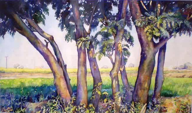 Watercolor landscape of trees and a peaceful rural village view, inspired by the artist's childhood memories.