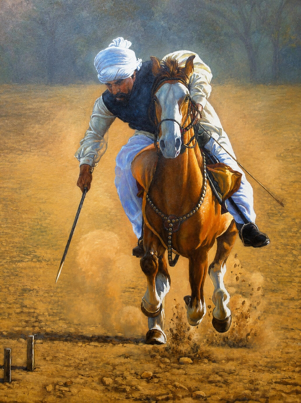 Oil painting of a rider holding a spear while galloping on a powerful horse during a traditional Pakistani tent-pegging competition.