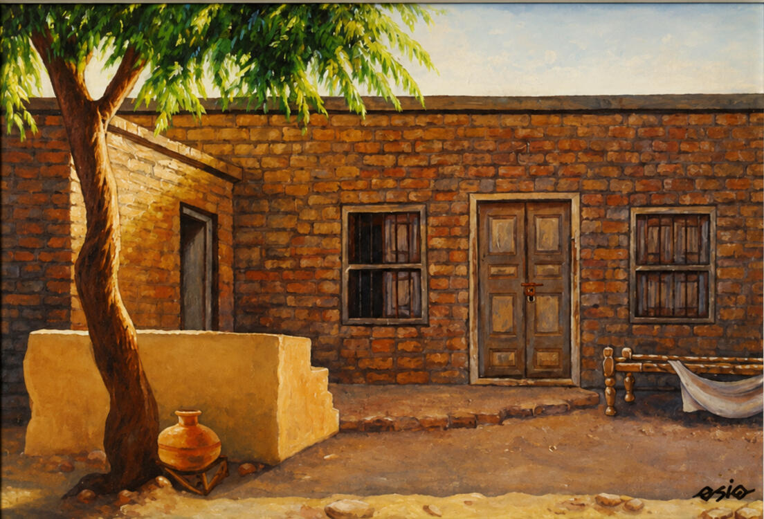 Oil painting of a weathered brick village house with wooden doors and windows, painted on location and inspired by the artist’s childhood memories.