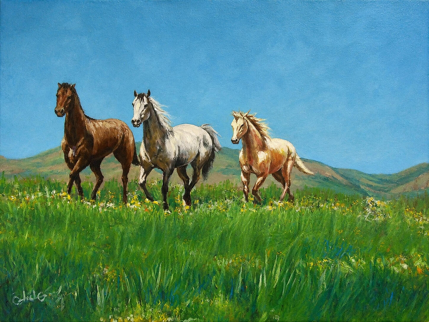 Oil painting of three running horses across a grassy landscape beneath a blue sky.