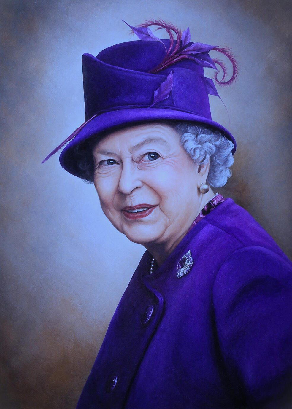 Oil portrait painting of Queen Elizabeth II, shown in close-up with an expressive gaze and dignified expression.