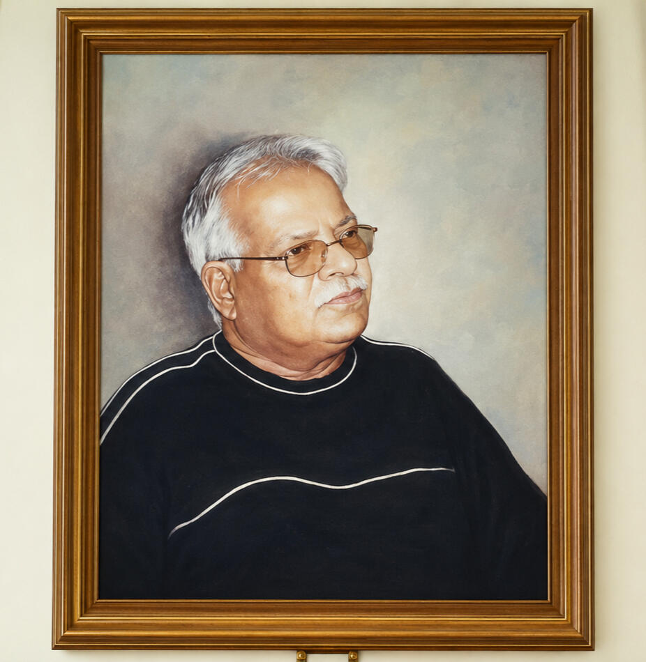A framed acrylic portrait of Pakistani landscape artist Ghulam Rasool, depicted wearing glasses and a dark shirt against a softly painted background.