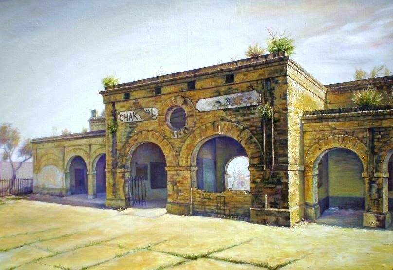 Oil painting of an old, weathered railway station in Chakwal, Pakistan, with historic brick arches and faded architectural details.